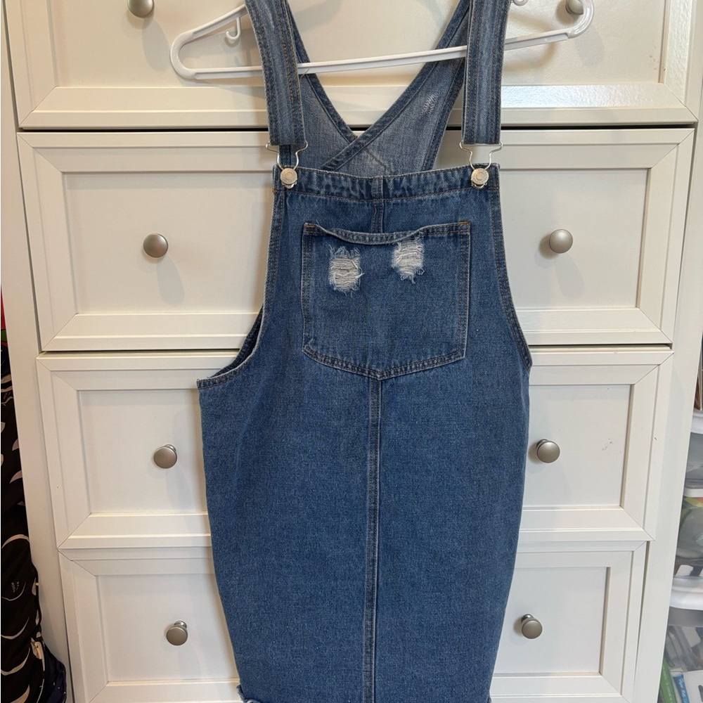Ardene Blue Denim Distressed Overalls Dress